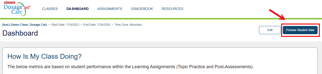 A screenshot of the Dashboard with a red box and arrow highlighting the Preview Student View button.