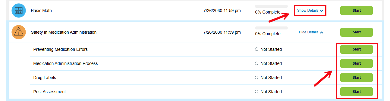 A screenshot of the Student Preview with red boxes and arrows highlighting the Show Details button and the Start buttons for each topic in the module.