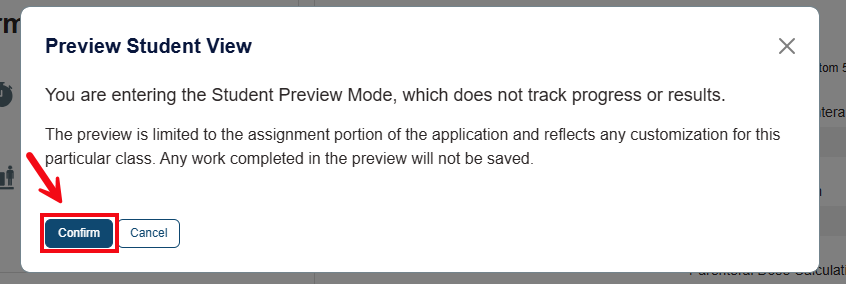 A screenshot of the Preview Student View pop-up with a red box and arrow highlighting the Confirm button.