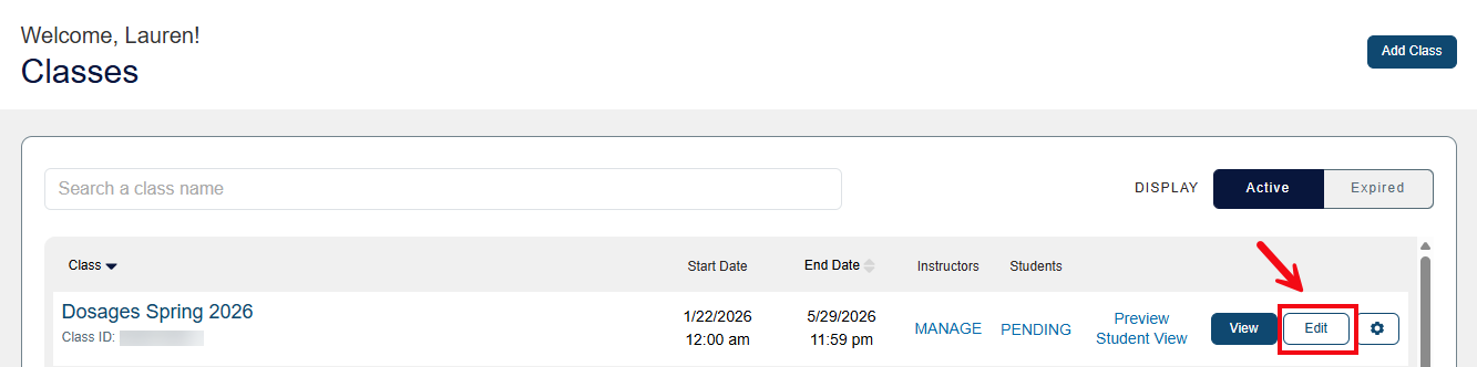A screenshot of the Classes page with a red box and arrow highlighting the Edit button.
