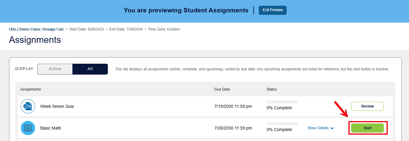 A screenshot of the Student Preview with a red box and arrow highlighting the Start button.