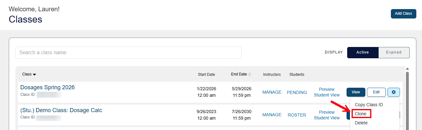 A screenshot of the Classes page with a red box and arrow highlighting the Clone option.