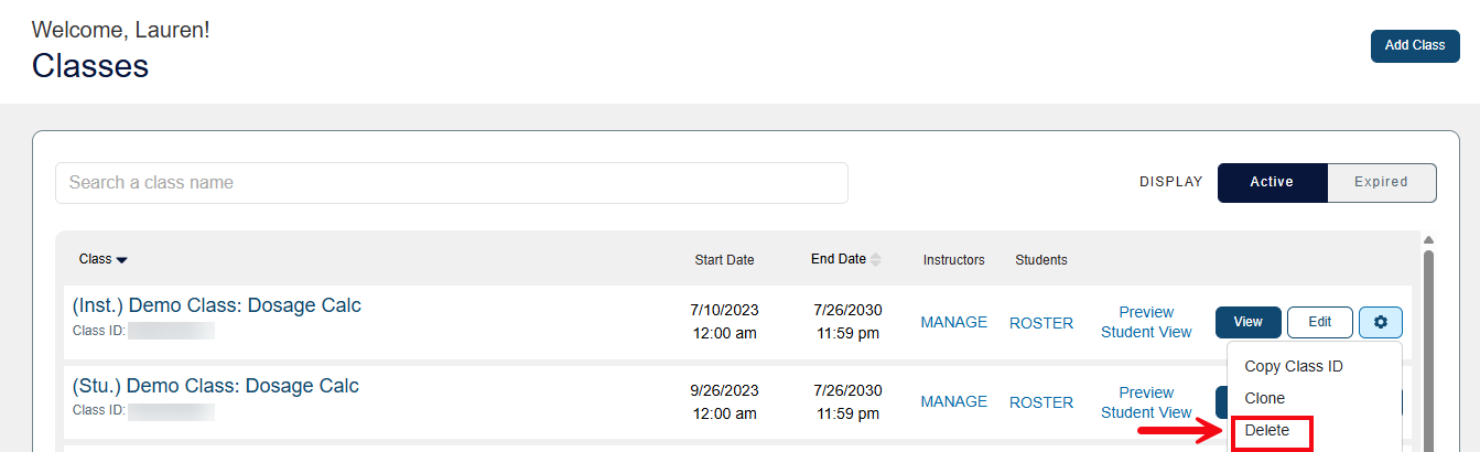 A screenshot of the Classes page with a red box and arrow highlighting the Delete option.