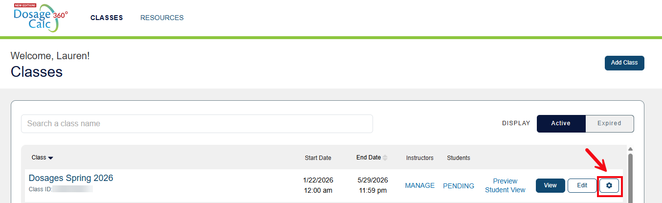 A screenshot of the Classes page with a red box and arrow highlighting the Settings icon.
