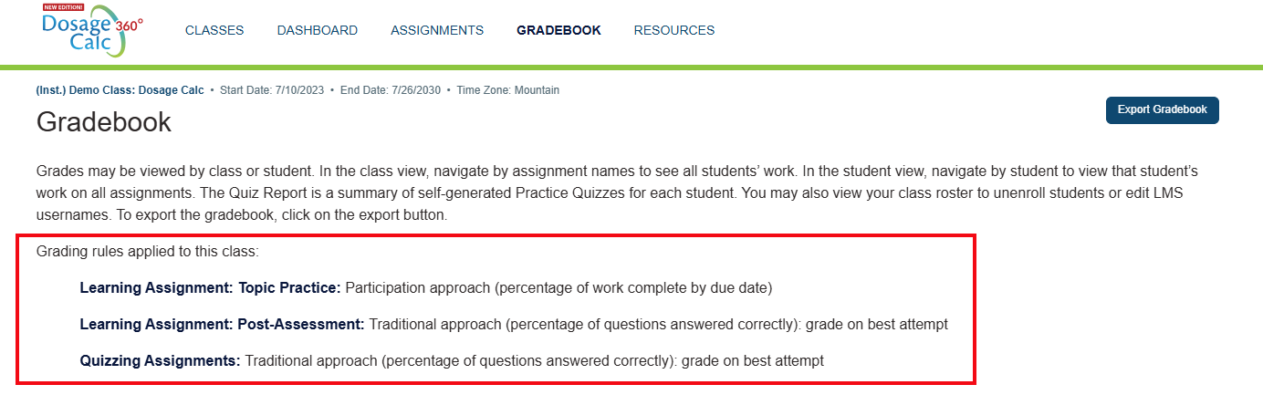 A screenshot of the Gradebook page with a red box highlighting the Grading Rules section.