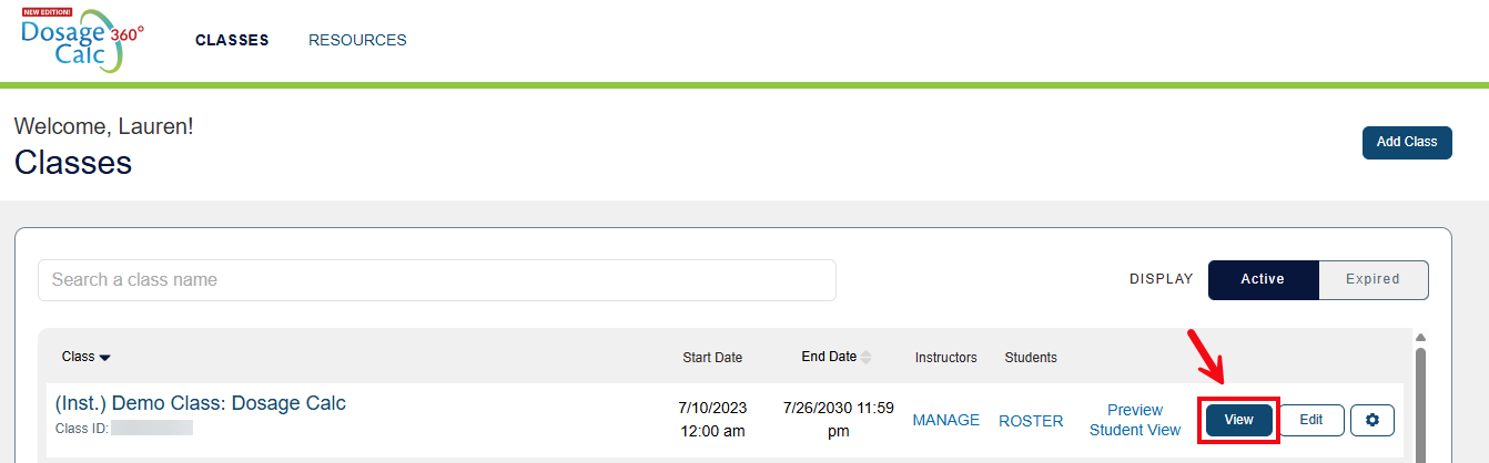 A screenshot of the Classes page with a red box and arrow highlighting the View button.