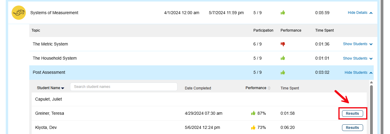 A screenshot of the Assignments page with a red box and arrow highlighting the Results button.