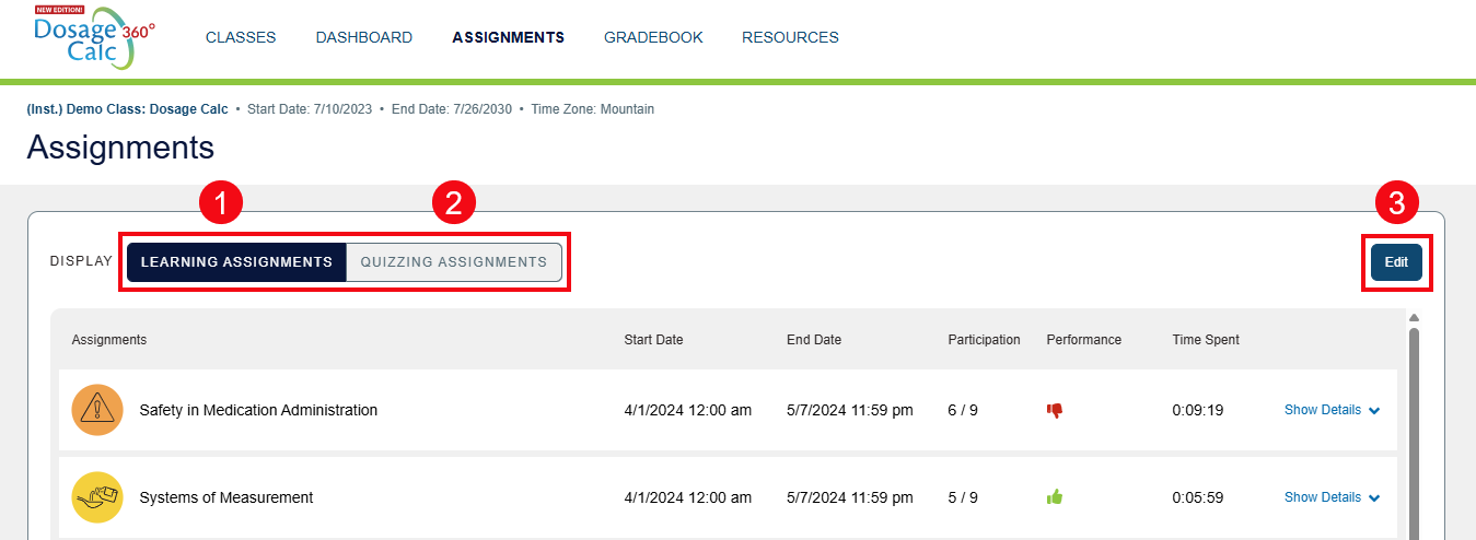 A screenshot of the Assignments page with red boxes and numbers highlighting the Learning Assignments Display (1), the Quizzing Assignments Display (2), and the Edit button (3).