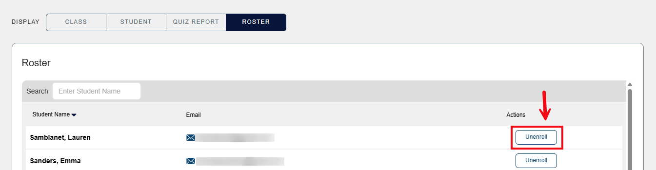 A screenshot of the Roster with a red box and arrow highlighting the Unenroll button.