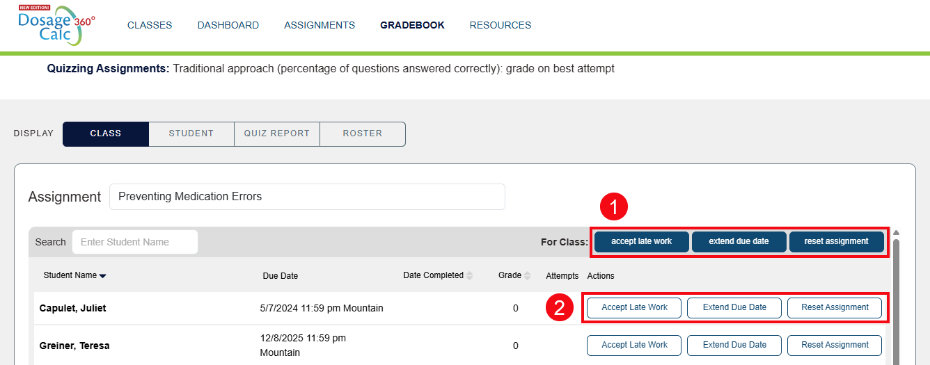 A screenshot of the Gradebook with red boxes and numbers highlighting the individual action buttons for a single student (1) or the action buttons for the whole class (2).