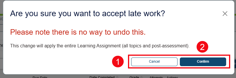 A screenshot of the late work pop-up with red boxes and numbers highlighting the Cancel button (1) and the Confirm button (2).