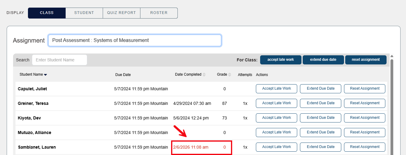 A screenshot of the Gradebook with a red box and arrow highlighting late work.