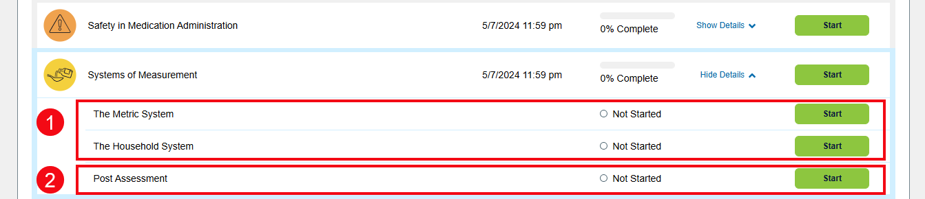A screenshot of the Assignments page with red boxes and arrows highlighting the sub-topics in the module (1) and the Post Assessment (2).
