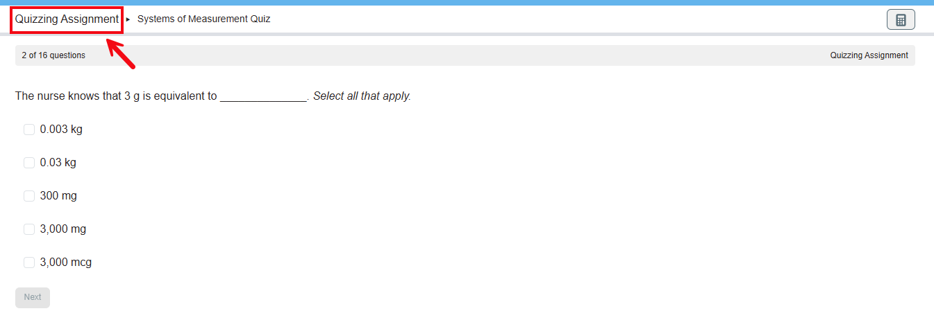 A screenshot of a Quiz with a red box and arrow highlighting the Quizzing Assignment label.