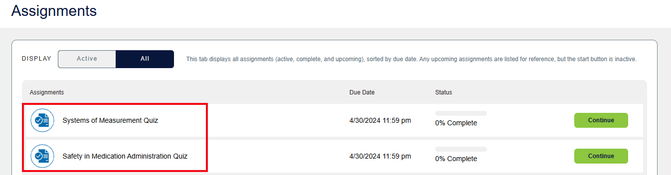 A screenshot of the Assignments page with a red box highlighting the Quizzing Assignments.