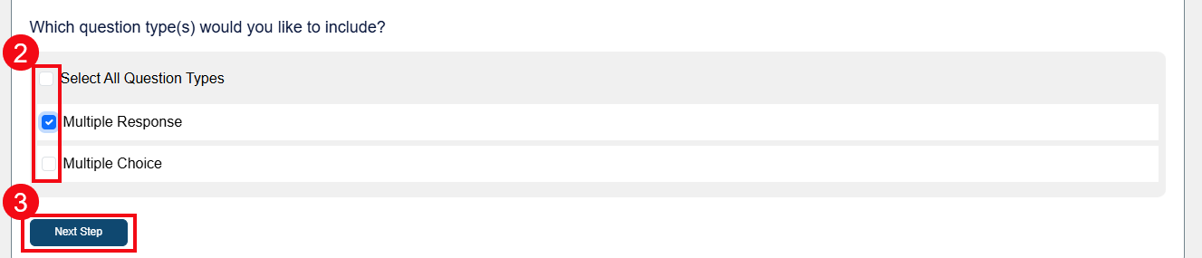 A screenshot of the Parameters page with red boxes and arrows highlighting the checkboxes to select question types (2) and the Next Step button (3).