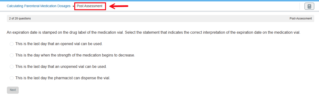 A screenshot of a Post Assessment with a red box and arrow highlighting the Post Assessment label.