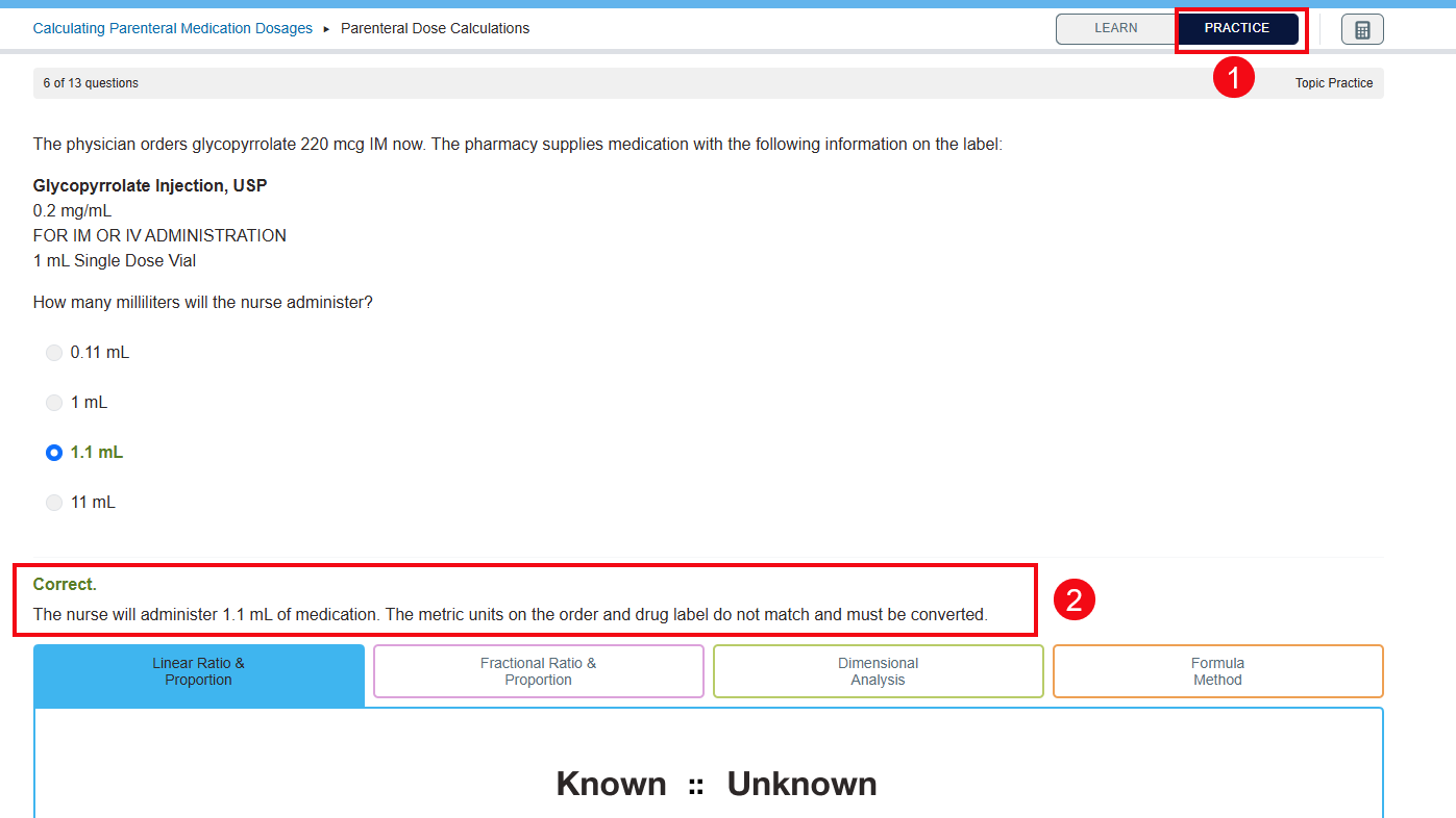 A screenshot of a Practice section with red boxes and numbers highlighting the Practice label (1) and the answer and rationale (2).