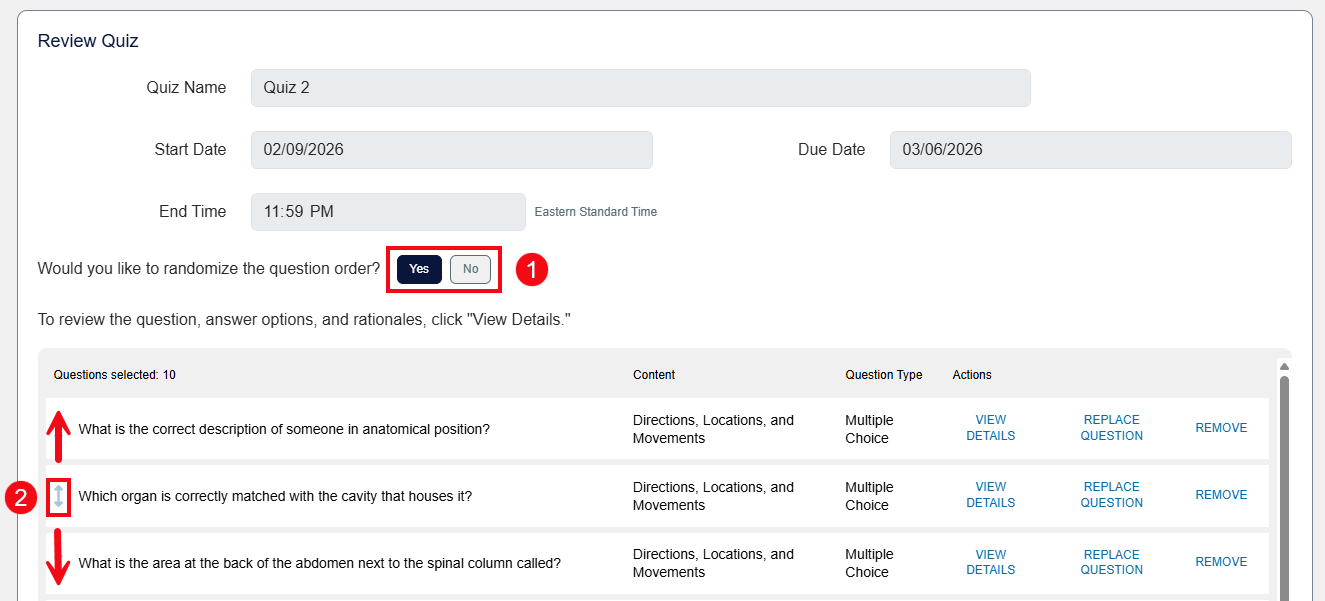 A screenshot of the Review Assignment page with red boxes and numbers highlighting the Randomize question order feature (1) and the option to manually order the questions using the arrows (2).