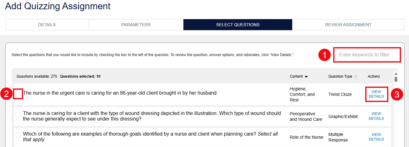 A screenshot of the Select Questions page with red boxes and numbers highlighting the search box (1), the checkboxes used to select questions (2) and the View Details option (3).