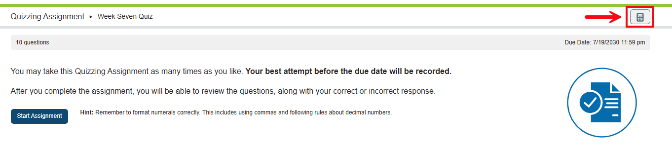 A screenshot of a Quizzing Assignment in Dosage Calc 360 with a red box and arrow highlighting the calculator icon.