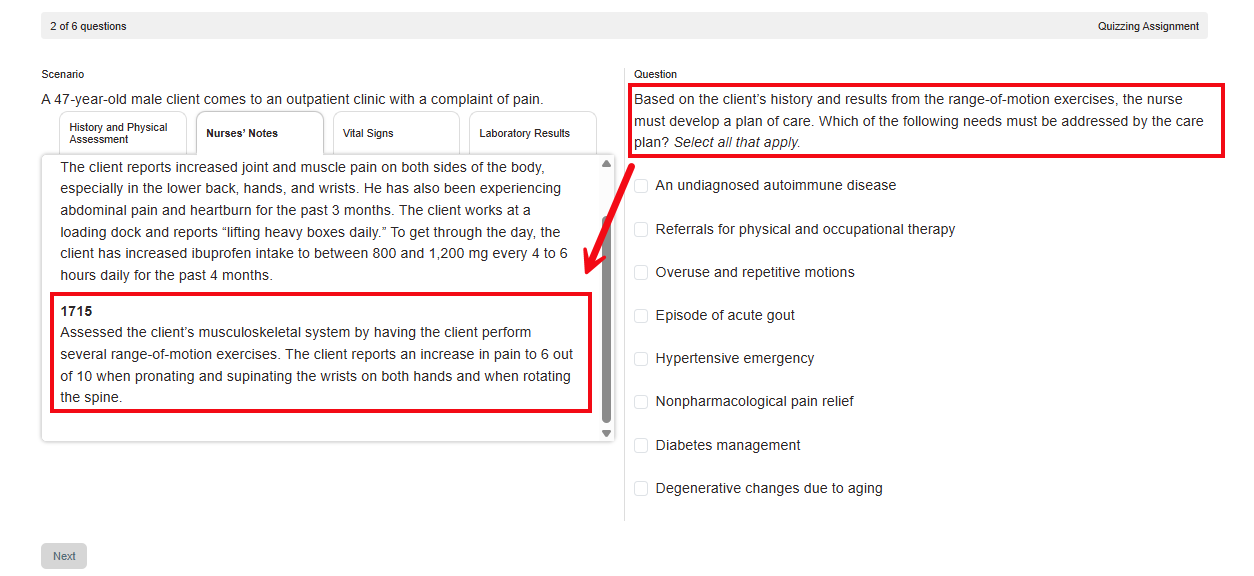 A screenshot of a Clinical Judgement Case Study with red boxes and a red arrow highlighting the part of the question that directs students to check the patient chart for correlating information.