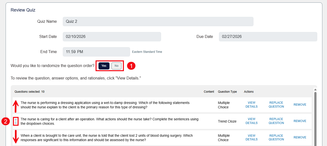 A screenshot of the Review Assignment page with red boxes and numbers highlighting the Randomize question order feature (1) and the option to manually order the questions using the arrows (2).