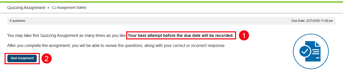 A screenshot of a Clinical Judgement Case Study with red boxes and numbers highlighting the grading rule (1) and the Start Assignment button (2).