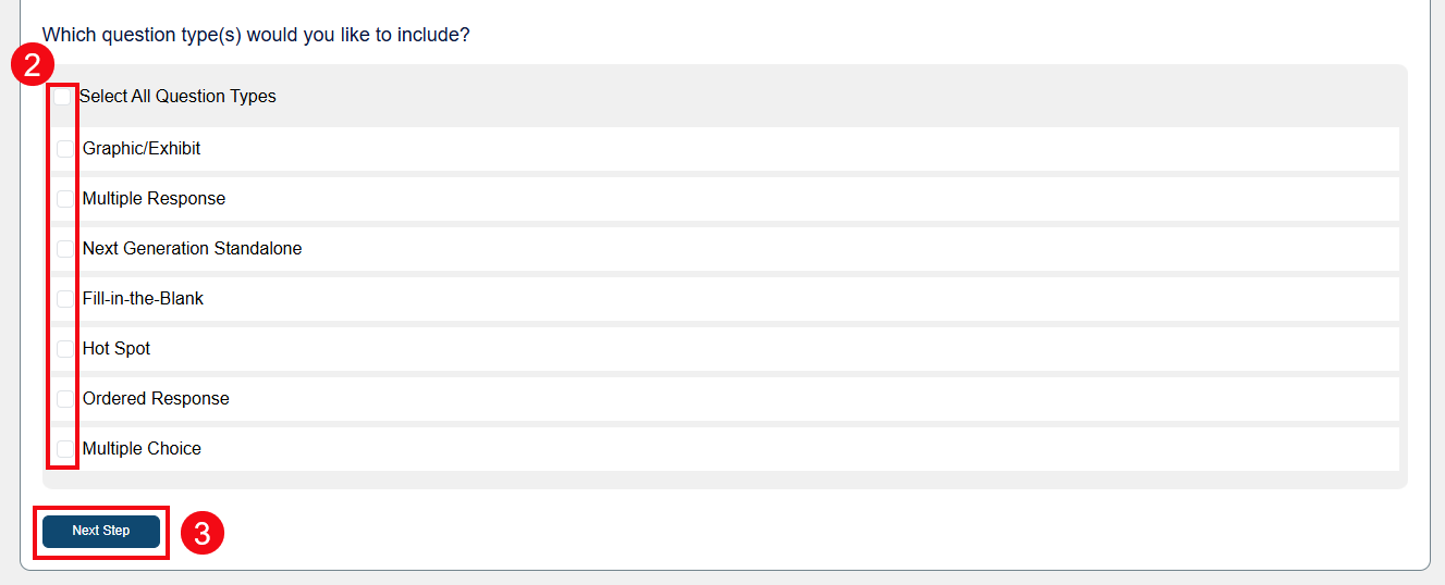 A screenshot of the Quiz Parameters page with red boxes and numbers highlighting the checkboxes used to select question types (2) and the Next Step button (3).