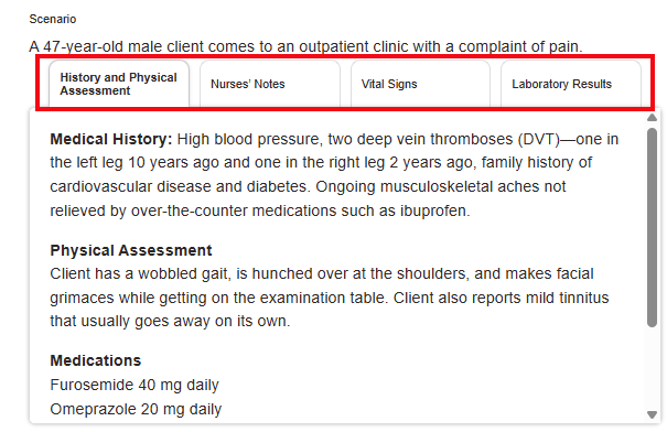 A screenshot of a Clinical Judgement Case Study with a red box highlighting the 4 tabs of the chart.