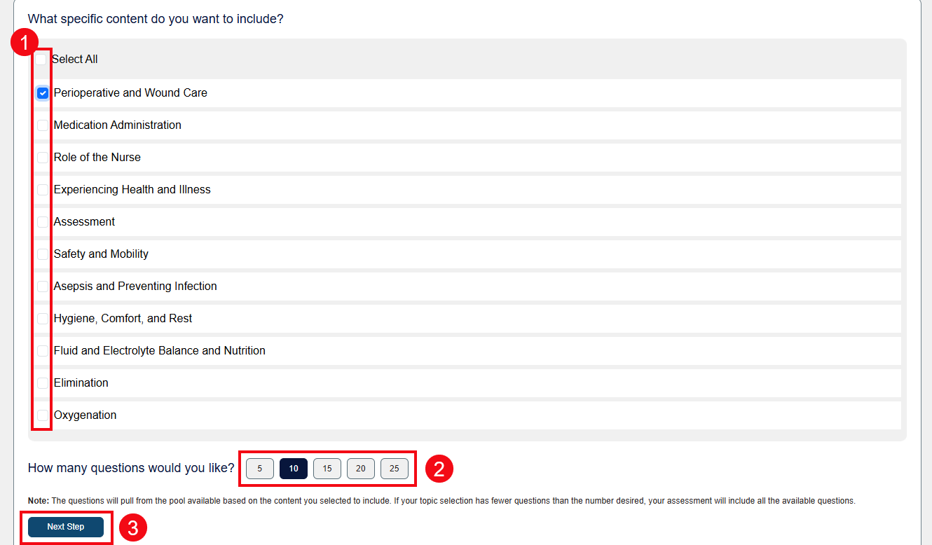 A screenshot of the Quiz Parameters page with red boxes and numbers highlighting the checkboxes to select topics (1), the option to select between 5-25 questions (2), and the Next Step button (3).