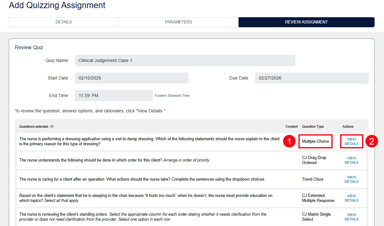 A screenshot of the Review Assignment page with red boxes and numbers highlighting the Question Type (1) and the View Details option (2).
