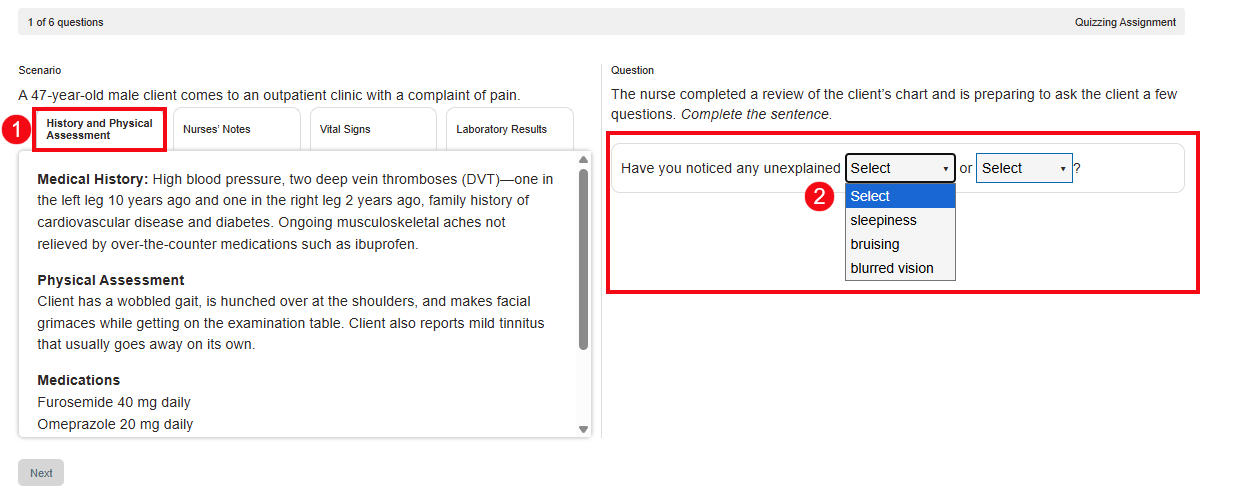 A screenshot of a Clinical Judgement Case Study with red boxes and numbers highlighting the History and Physical Assessment tab (1) and a Cloze question (2).