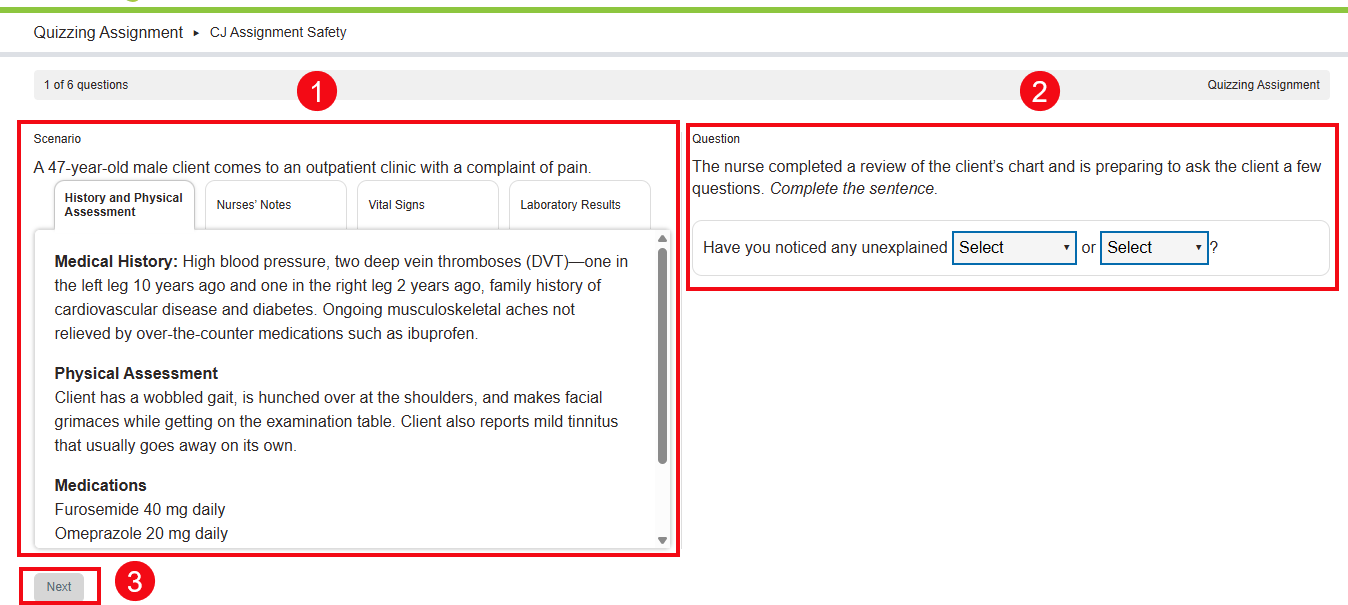 A screenshot of a Clinical Judgement Case Study with red boxes and numbers highlighting the Scenario and chart (1), the question (2), and the Next button (3).