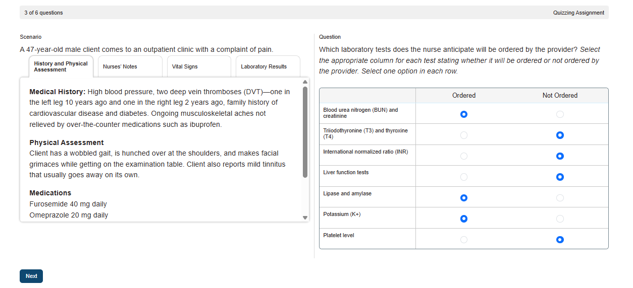 A screenshot of a Clinical Judgement Case Study showing a Matrix question.