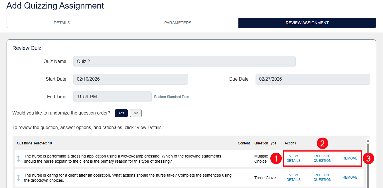 A screenshot of the Review Assignment screen with a red box and numbers highlighting the View Details option (1), the Replace Question feature (2), and the Remove option (3).