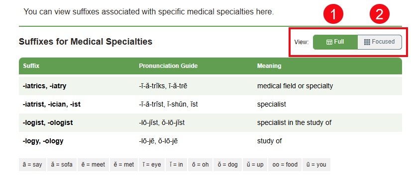 A screenshot of a table in Med Term with a red box and numbers highlighting the two view: Full (1) and Focused (2).
