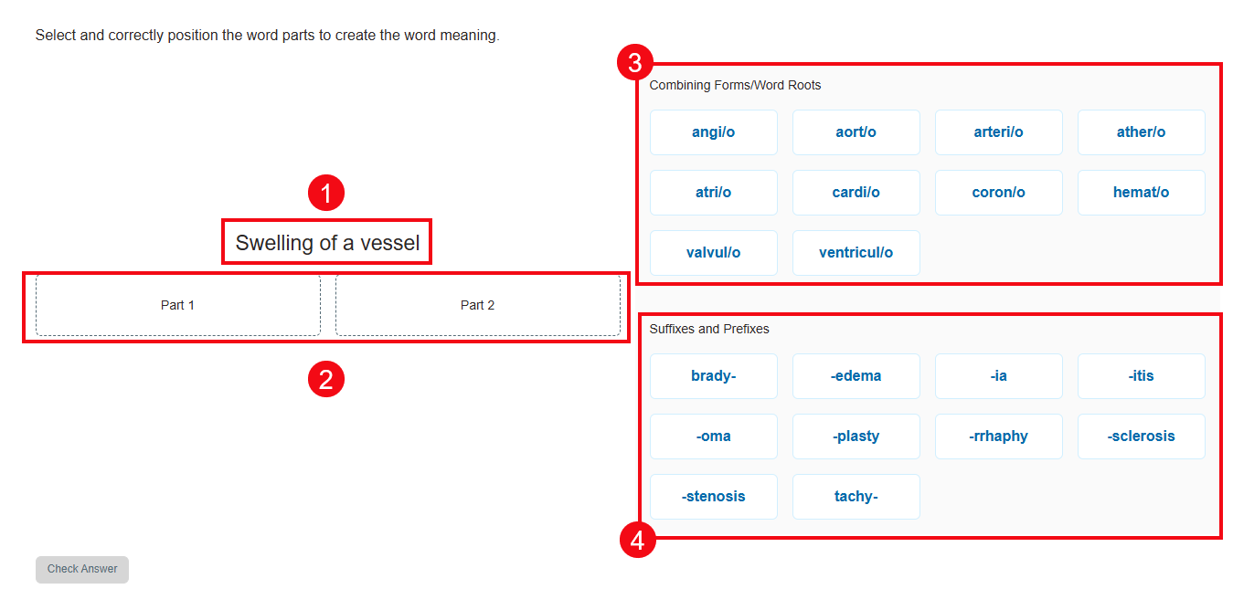 A screenshot of a Word Building question with red boxes and numbers highlighting the word meaning (1), the parts of the word (2), and Combining Forms/Word Roots (3) and the Suffixes and Prefixes (2).