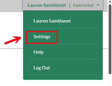 A screenshot of the options under username, with a red box and arrow highlighting the Settings option.