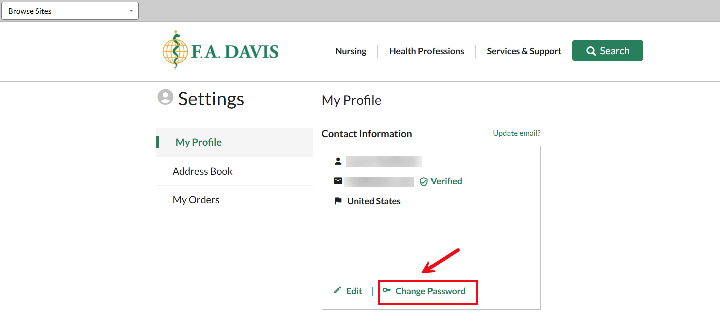 A screenshot of the Settings page with a red box and arrow highlighting the Change Password option.