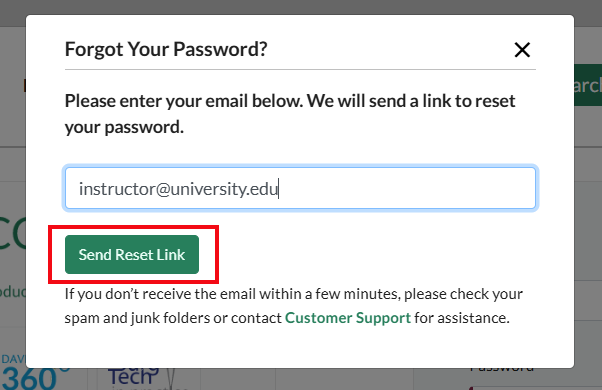 A screenshot of the Forgot Password pop-up with a red box highlighting the Send Reset Link button.