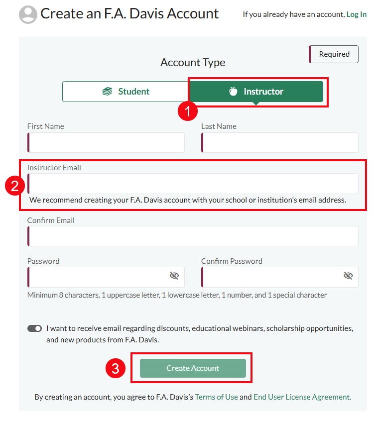 A screenshot of the create account page with red boxes and numbers highlighting the Instructor option (1), the email field (2) and the Create Account button (3).