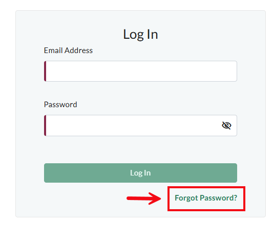 A screenshot of the Log In page with a red box and arrow highlighting the Forgot Password link.