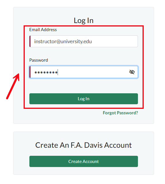 A screenshot of fadavis.com with a red box and arrow highlighting the area to enter credentials and Log In.
