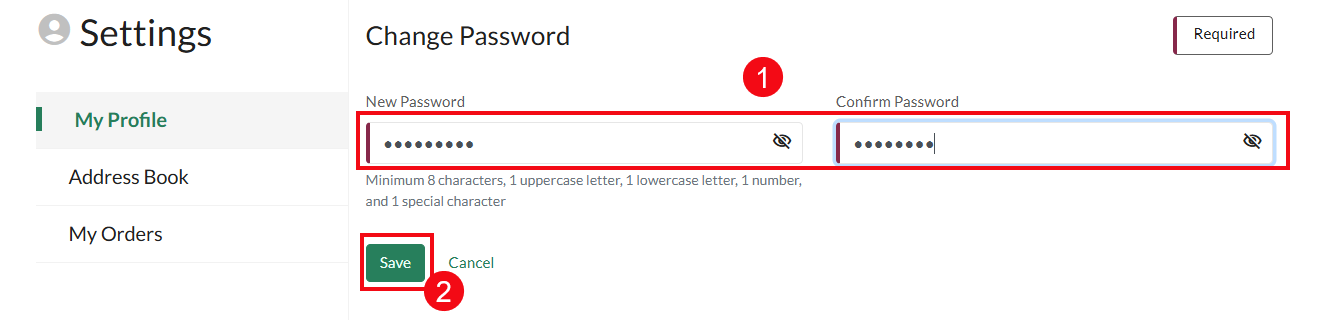 A screenshot of the Change Password page with red boxes and arrows highlighting the New Password and Confirm password fields (1) and the Save button (2).
