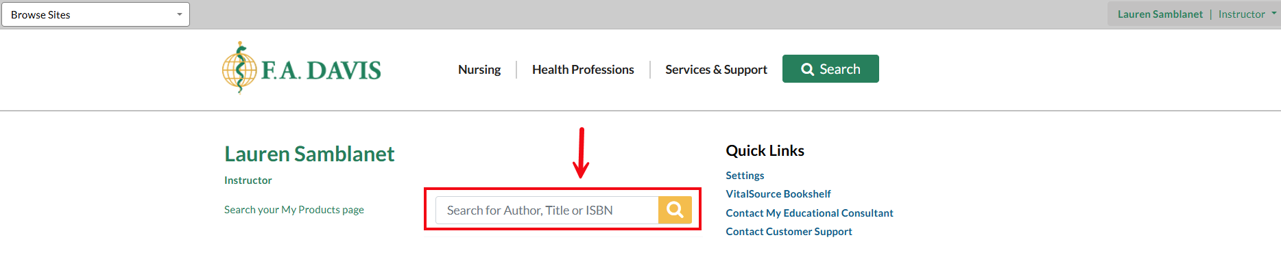 A screenshot of fadavis.com with a red box and arrow highlighting the Search feature.