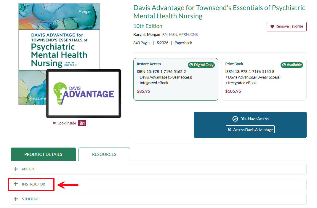 A screenshot of the resources page for a book with a red box and arrow highlighting the Instructor option.
