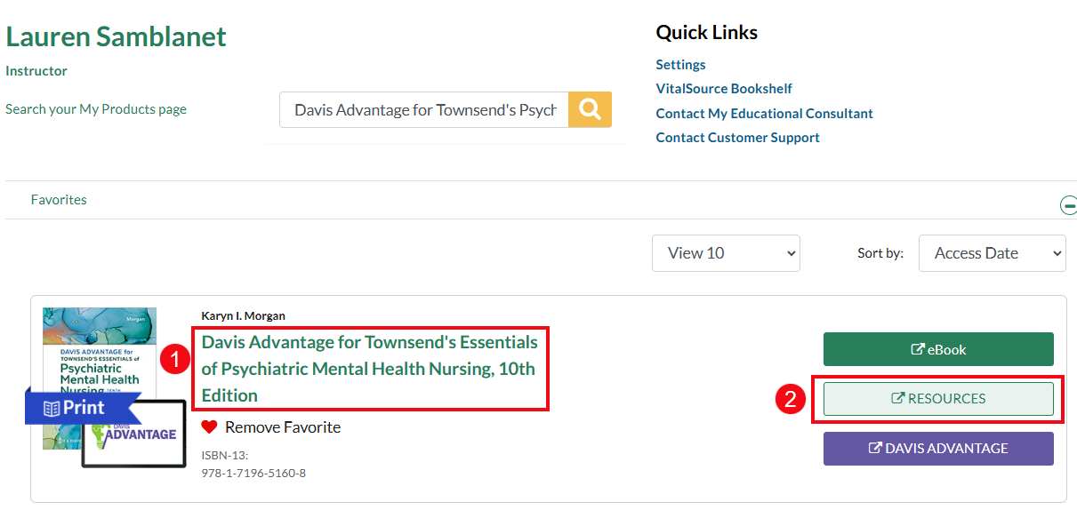 A screenshot of fadavis.com with red boxes and numbers highlighting the title of a book (1) and the Resources button (2).