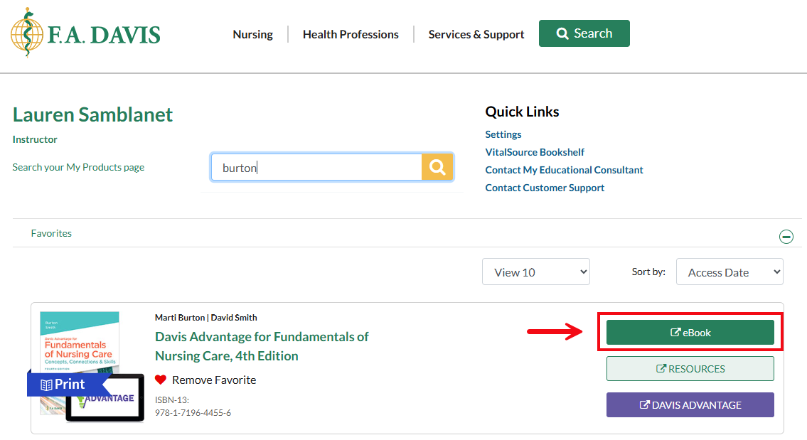 A screenshot of fadavis.com with a red box and arrow highlighting the eBook button.