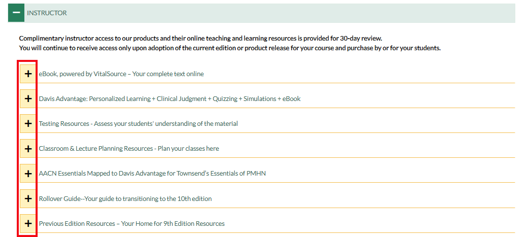 A screenshot of the resources page with a red box highlighting the plus signs that can be clicked to expand resources.
